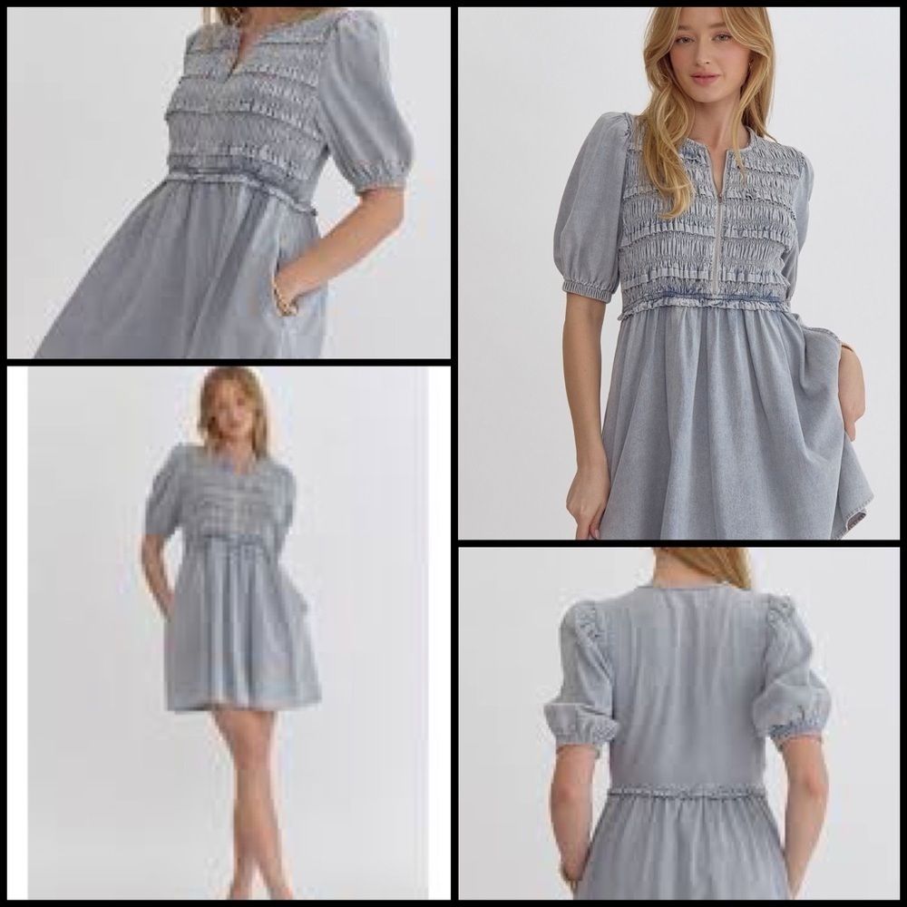 Entro Denim Chambray Puff Sleeve Smocked Zip Front Coquette Western Y2K Dress S